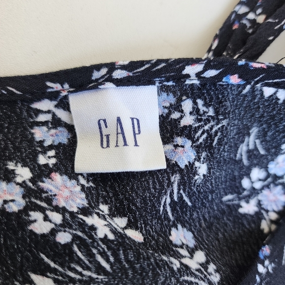 Gap Black Blue Floral Print Faux Wrap 3/4 Sleeve Ladies Dress Ruffle Petite XS - Picture 8 of 14